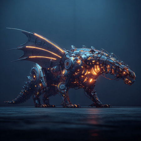3D rendering of a fantasy robot isolated on a dark background.の素材