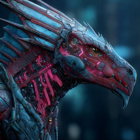 3D rendering of a fantasy alien creature with cyber head on dark backgroundの素材