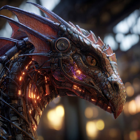3D rendering of a fantasy dragon head in a futuristic setting.の素材