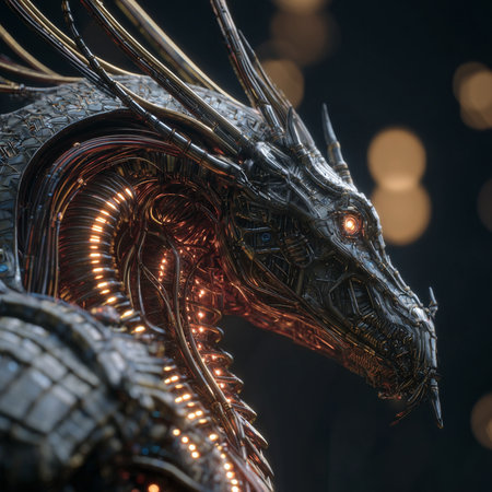 Close up of a dragon head in a dark background with bokehの素材