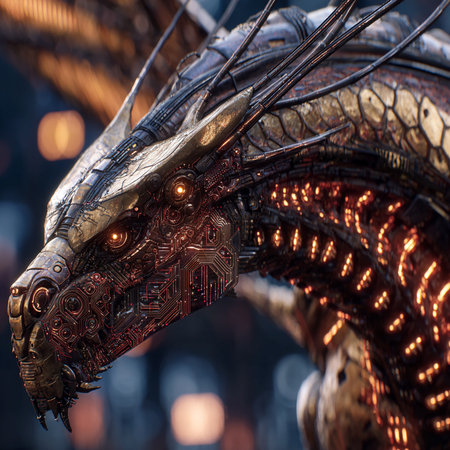 Close-up of the head of a dragon made of metal.の素材