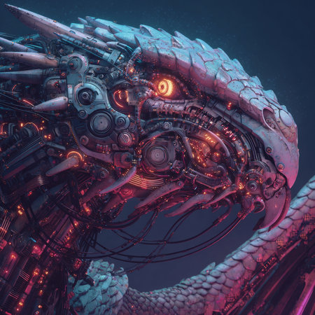 3D rendering of a fantasy dragon in space with red lights.の素材
