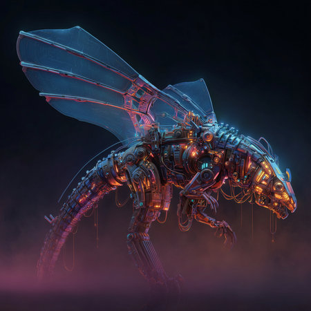 Futuristic robot with glowing lights on dark background. 3D renderingの素材