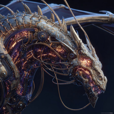 3D rendering of a fantasy dragon isolated on black background with lightsの素材