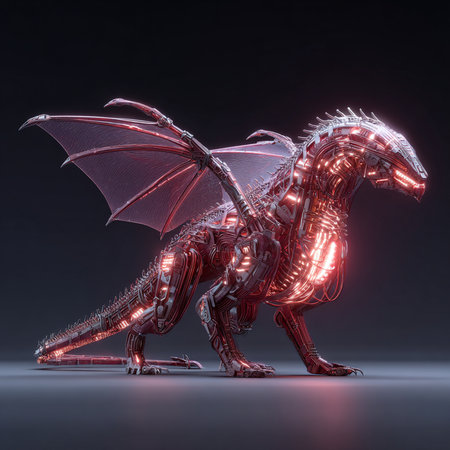 3d rendering of a fantasy dragon with neon lights on a dark backgroundの素材