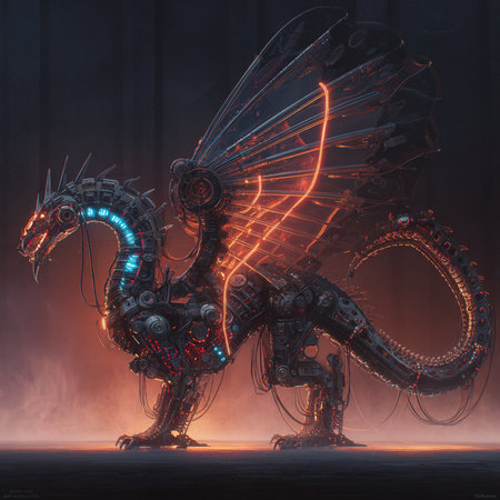 Futuristic fantasy dragon in a dark space. 3d renderingの素材