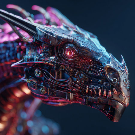 3D illustration of the head of a fantasy dragon made of metalの素材