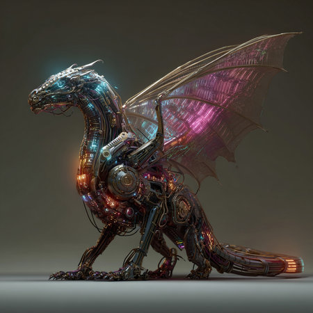 3d rendering of a fantasy dragon on a gray background with lightsの素材