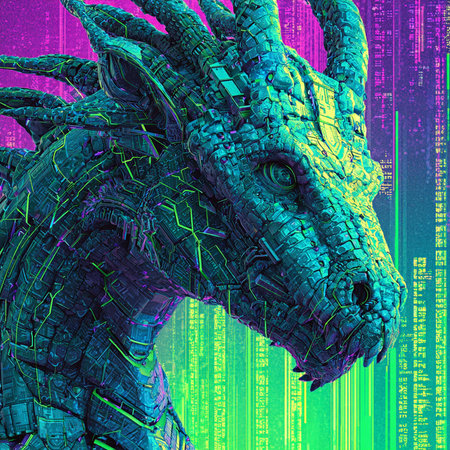 3D rendering of a fantasy dragon in neon light on a dark backgroundの素材