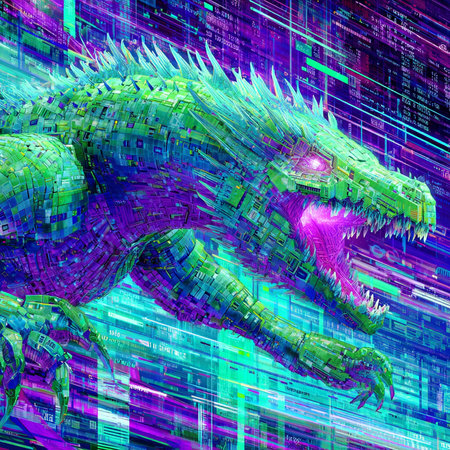 3D rendering of a fantasy dragon with a binary code background.の素材