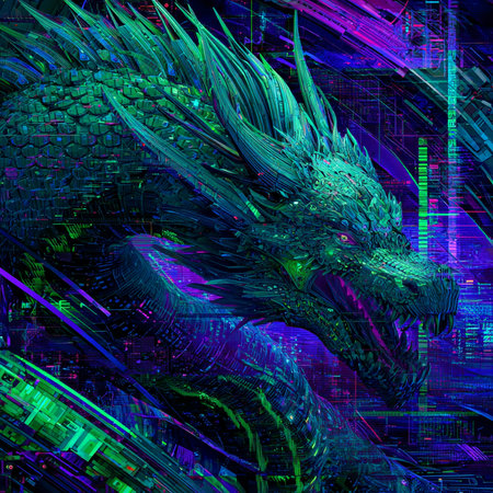 3D rendering of abstract fractal composition with neon lights and dragonの素材