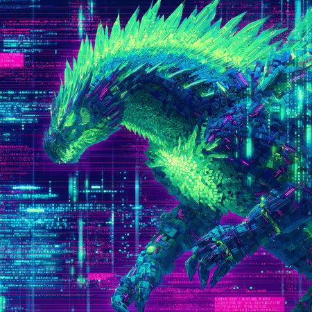 3D rendering of a fantasy dragon isolated on a futuristic background.の素材