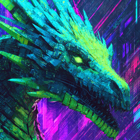 3D rendering of a fantasy dragon with neon lights in the backgroundの素材