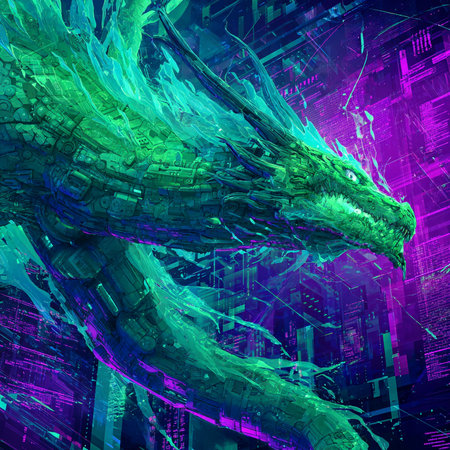 3D rendering of a fantasy dragon in digital space with neon lightsの素材