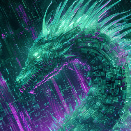 Fractal 3D illustration of a dragon in digital cyberspaceの素材