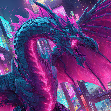 Fantasy dragon in the city at night. 3D illustrations.の素材
