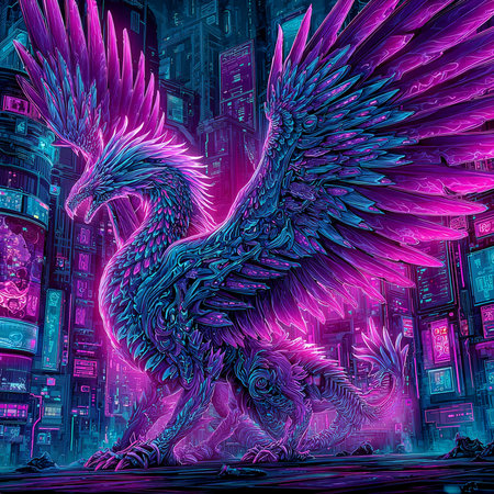 3d rendering of a fantasy dragon in the background of the night cityの素材