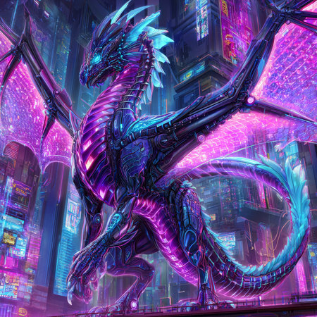 3D rendering of a fantasy dragon in a futuristic setting with neon lightsの素材