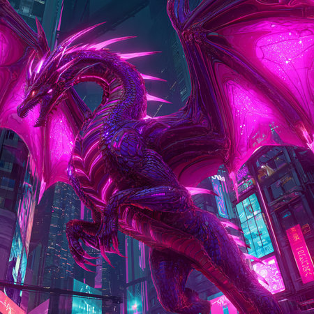 3D rendering of a fantasy dragon with neon lights in the backgroundの素材