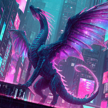 3d rendering of a fantasy dragon in a futuristic city at nightの素材