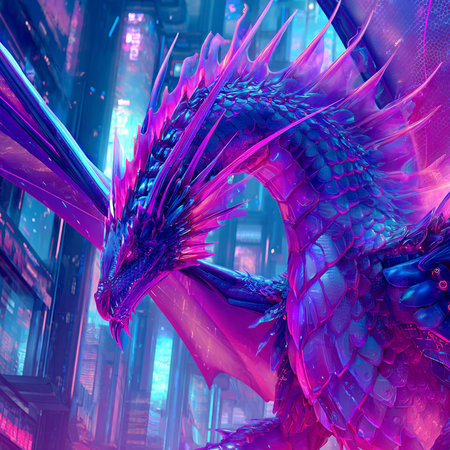 3D rendering of abstract fractal composition with neon lights and dragonの素材