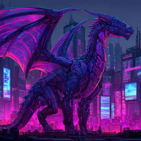 Fantasy dragon in the city at night. 3D illustrations.の素材