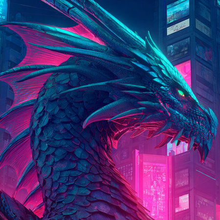Dragon in the city at night. 3d rendering, 3d illustration.の素材
