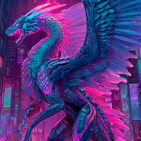 3D rendering of a fantasy dragon in the city at night.の素材