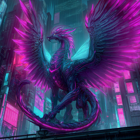 3d rendering of a dragon on a background of the night cityの素材