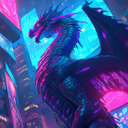 3D rendering of a fantasy dragon with neon lights in the backgroundの素材