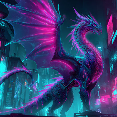 3D rendering of a fantasy dragon in a futuristic city with neon lightsの素材