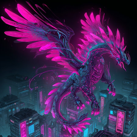 Digital illustration of a dragon in digital art style with buildings in the backgroundの素材
