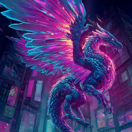 Dragon in the night city. Illustration in blue and pink colors.の素材