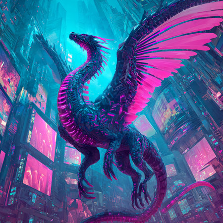 3D rendering of a fantasy dragon in a cyberspace.の素材