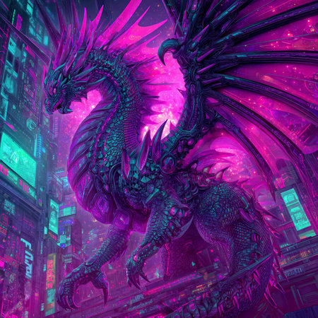 3D rendering of a fantasy dragon in neon light. Computer generated graphics.の素材