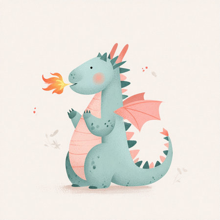 Watercolor cute dragon with fire on white background. Vector illustration.の素材