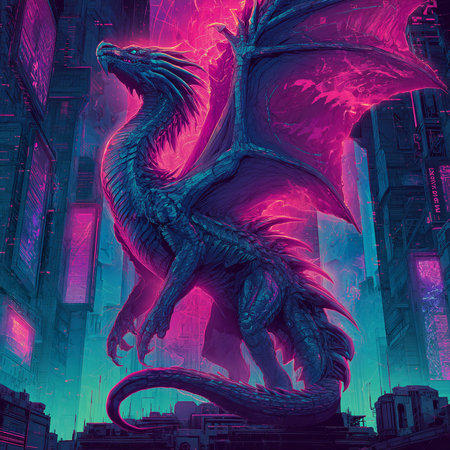 3D rendering of a fantasy dragon in a futuristic city with neon lightsの素材