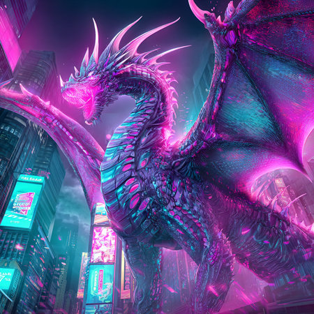 Dragon in the city at night. 3D rendering. Neon lights.の素材