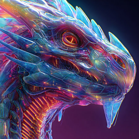 3D rendering of a fantasy dragon isolated on black background with colorful lightsの素材
