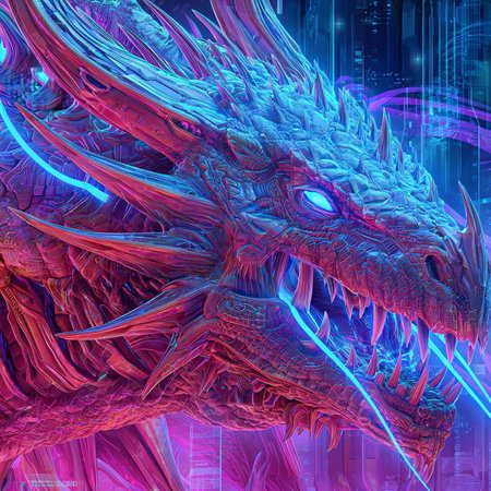 3D rendering of a fantasy dragon with neon lights on a futuristic backgroundの素材