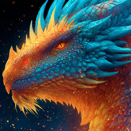 3D rendering of a fantasy dragon with fire and stars in the backgroundの素材