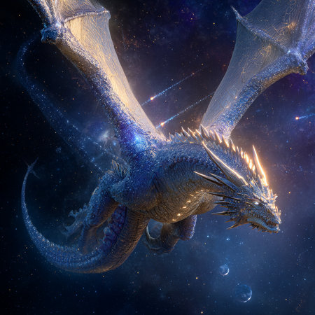3D rendering of a fantasy dragon isolated on space background with starsの素材