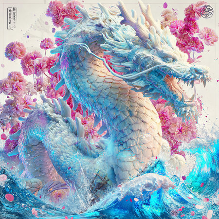 3D illustration of a dragon in the water with flowers and splashesの素材