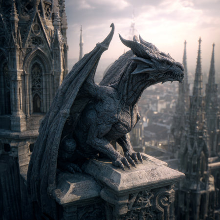 Statue of a dragon on the roof of Milan Cathedral, Italyの素材