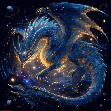 3D rendering of a fantasy dragon in space surrounded by stars.の素材