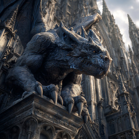 Statue of a dragon in front of the Cathedral of Cologne, Germanyの素材