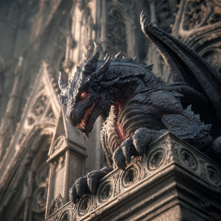 Dragon statue on the facade of Notre Dame Cathedral in Paris, Franceの素材
