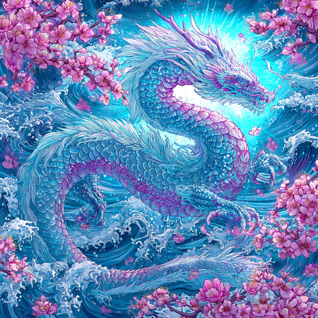 Illustration of a blue dragon in the water, with pink flowersの素材