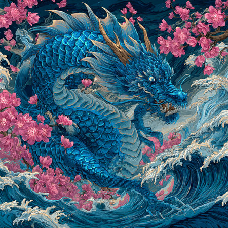 Chinese dragon and cherry blossoms on a blue background. Illustrationの素材