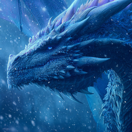 3D rendering of a fantasy dragon in a snowy space environment.の素材